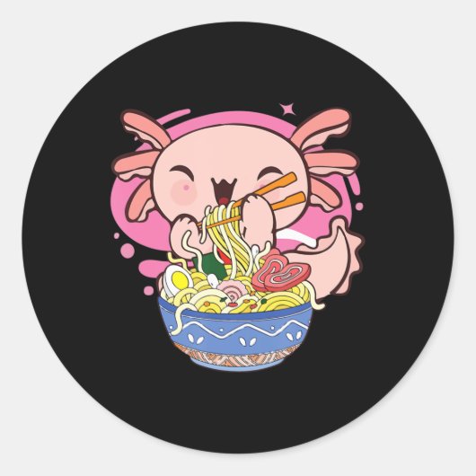 Kawaii Axolotl Ramen Japanese Anime Noodle Kids Te Ronde Sticker (Voorkant)