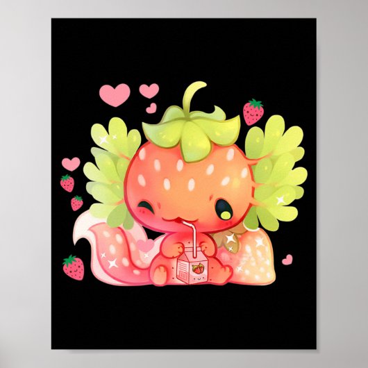 Kawaii Axolotl Strawberry Milk Shake Japanse Anim Poster (Voorkant)
