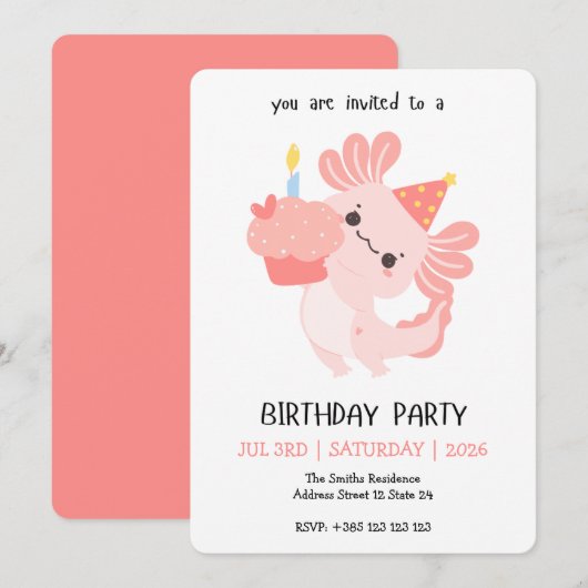 Kawaii Axolotl Verjaardagsfeest Uitnodiging (Voorkant / Achterkant)