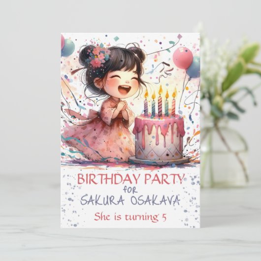Kawaii Aziatisch meisje 5th Verjaardagstaart kaars Kaart (Staand voorkant)