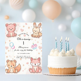 Kawaii Baby Animal 1st Birthday Invitation Kaart