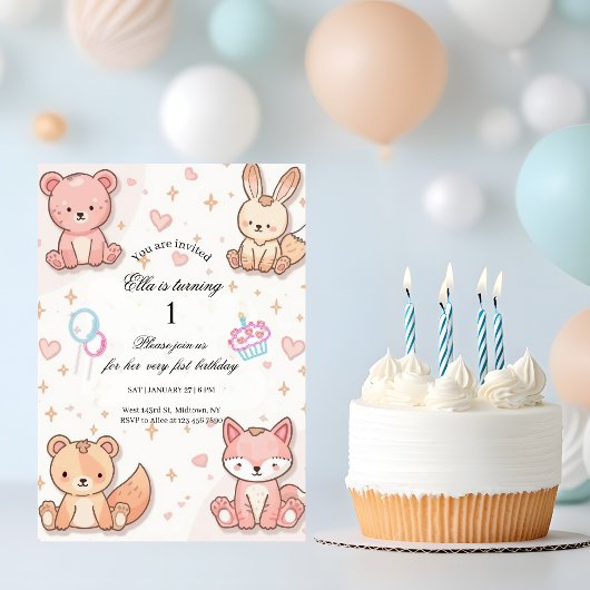 Kawaii Baby Animal 1st Birthday Invitation Kaart