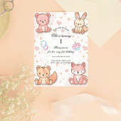 Kawaii Baby Animal 1st Birthday Invitation Kaart