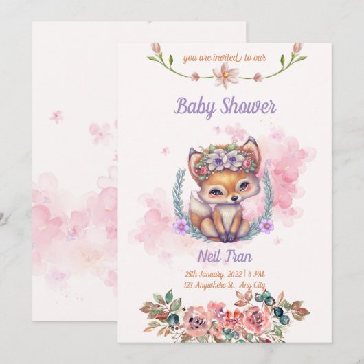 Kawaii Baby Fox Baby shower Uitnodiging (Voorkant / Achterkant)