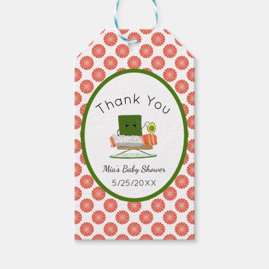 Kawaii Baby shower: Sushi en zalmrol Thema Cadeaulabel (Voorkant)