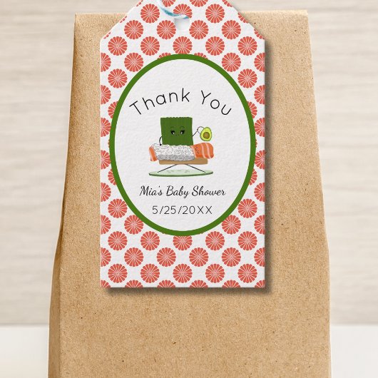 Kawaii Baby shower: Sushi en zalmrol Thema Cadeaulabel