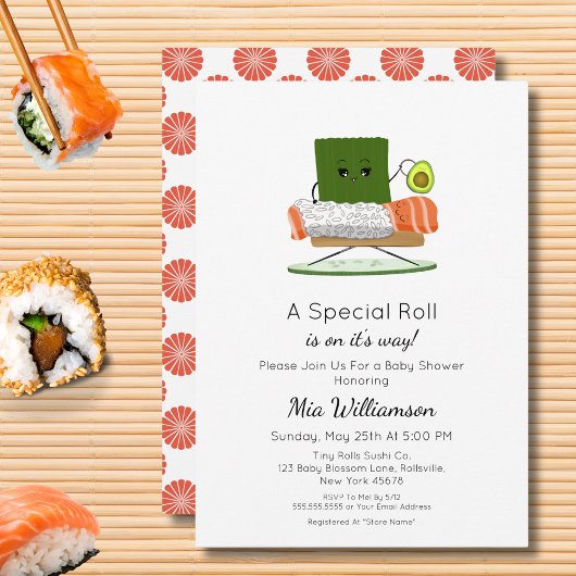 Kawaii Baby shower: Sushi en zalmrol Thema Kaart