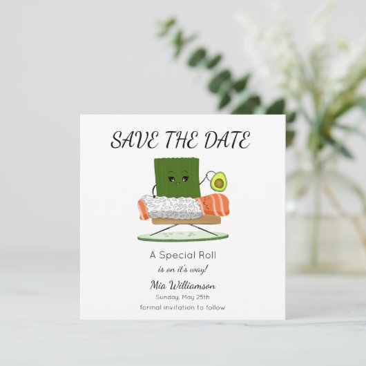 Kawaii Baby shower: Sushi en zalmrol Thema Save The Date (Staand voorkant)