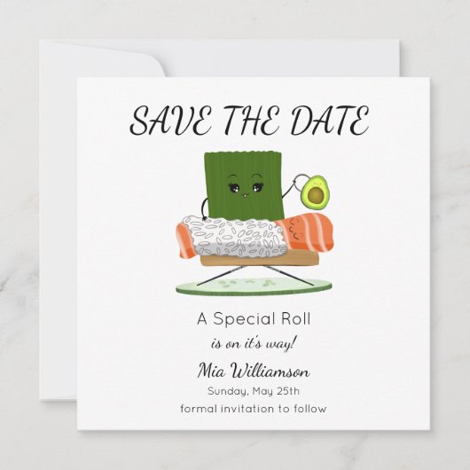 Kawaii Baby shower: Sushi en zalmrol Thema Save The Date (Voorkant)