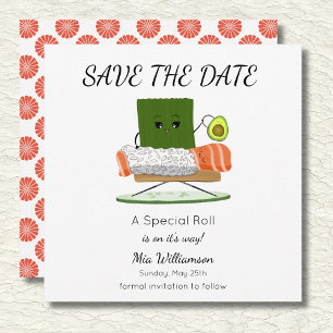 Kawaii Baby shower: Sushi en zalmrol Thema Save The Date