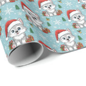 Kawaii Baby Wolf & Presents Teal Christmas Pattern Cadeaupapier (Rol Hoek)