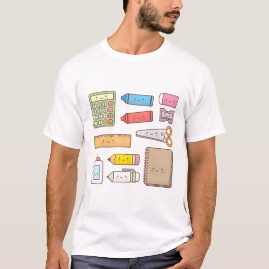 Kawaii Back to School Supplies Doodle Pattern T-shirt (Voorkant)