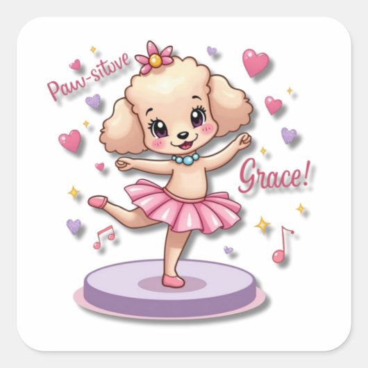 Kawaii Ballet Poedel met een pluizige tutu Vierkante Sticker (Voorkant)