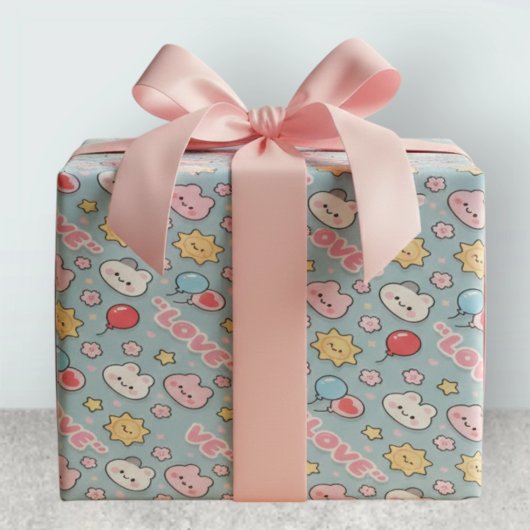 Kawaii Balloons Bunny Cherry Blossoms Pattern Cadeaupapier