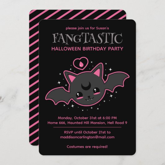 Kawaii Bat Halloween Verjaardagsfeestje Kaart (Voorkant / Achterkant)