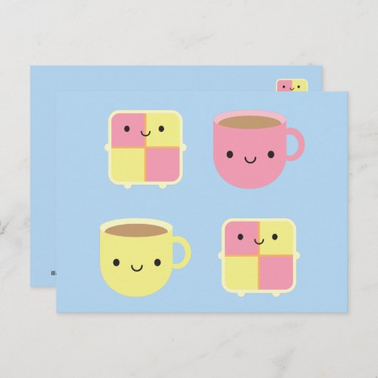 Kawaii Battenberg Cake & Cup in Tea Briefkaart (Voorkant / Achterkant)