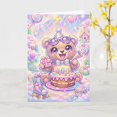 Kawaii Bear Birthday Pastel Rainbow Roller Skate Kaart (Gele Bloem)