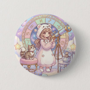 Kawaii Beer Meisje Astrologie Telescoop Pastel Est Ronde Button 5,7 Cm