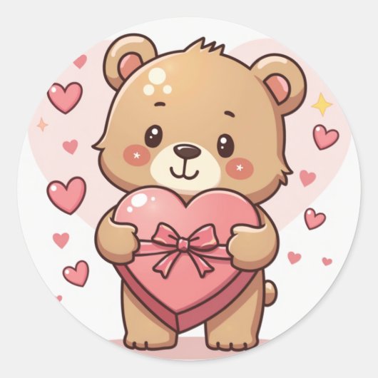Kawaii Beer met hartvormige chocoladedoos Ronde Sticker (Voorkant)