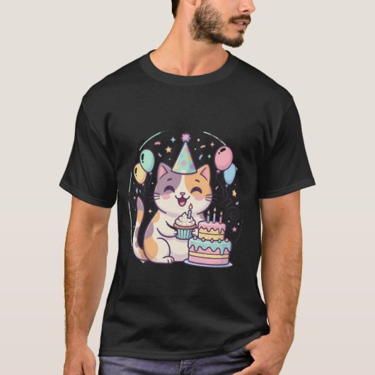 Kawaii Birthday Cat with Cake & Balloons ✨🐾🎂 T-shirt (Voorkant)