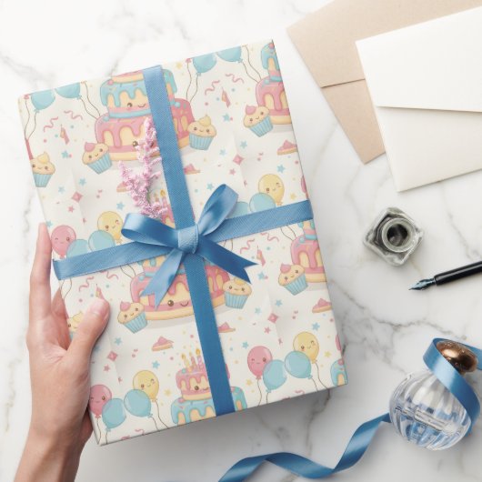 Kawaii Birthday - Cute Cake and Cupcakes Cadeaupapier (Geschenken)