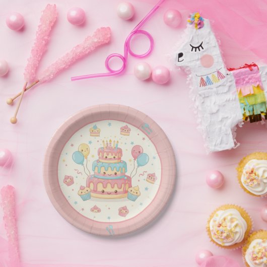 Kawaii Birthday - Cute Cake and Cupcakes Papieren Bordje (Feest)