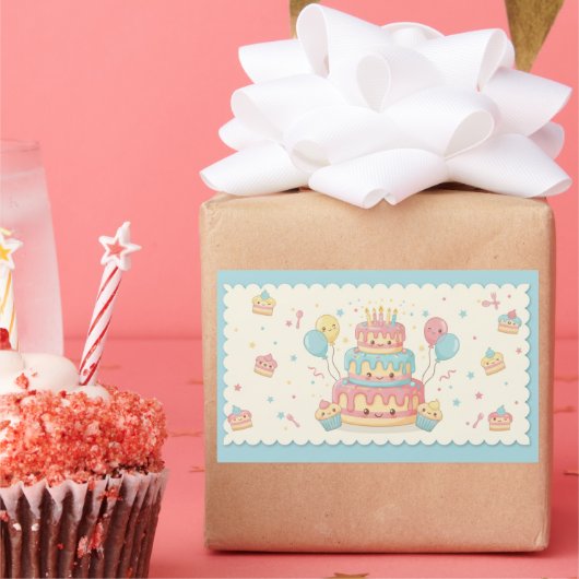 Kawaii Birthday - Cute Cake and Cupcakes Rechthoekige Sticker (Feest)