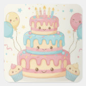 Kawaii Birthday - Cute Cake and Cupcakes Vierkante Sticker (Voorkant)