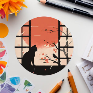 Kawaii Black Cat bij Window - Japanse esthetiek Ronde Sticker