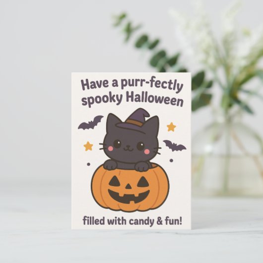 Kawaii Black Cat Halloween Wenskaart Briefkaart (Staand voorkant)