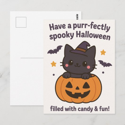 Kawaii Black Cat Halloween Wenskaart Briefkaart (Voorkant / Achterkant)