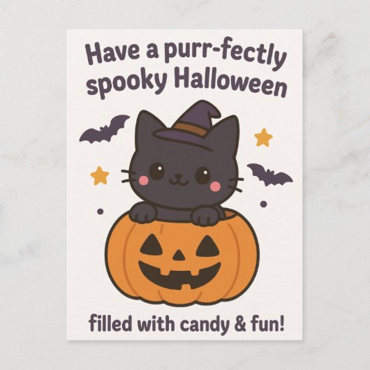 Kawaii Black Cat Halloween Wenskaart Briefkaart (Voorkant)
