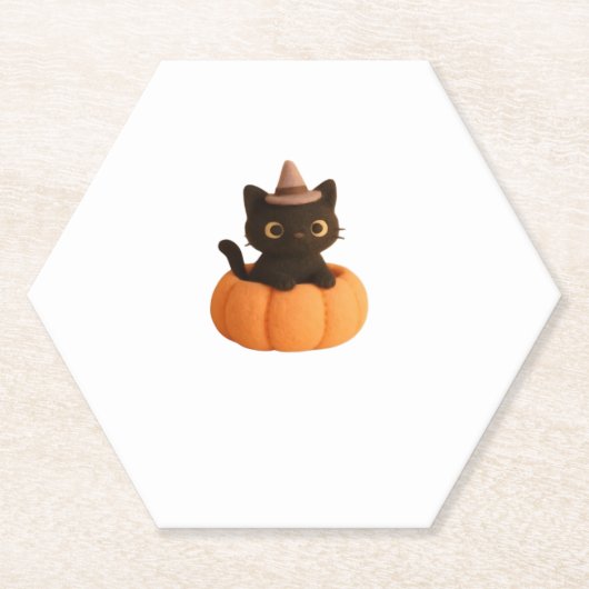 Kawaii Black Cat in Pumpkin Schattige Felt Hallowe Kartonnen Onderzetters (Voorkant)