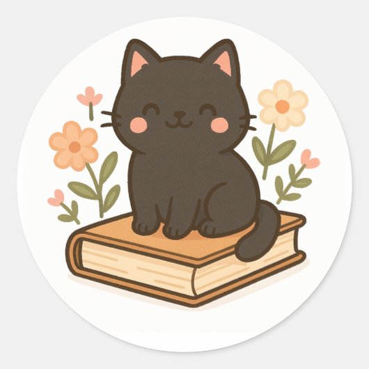 Kawaii Black Cat on Book – Cozy Sticker (Voorkant)