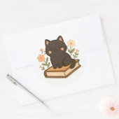Kawaii Black Cat on Book – Cozy Sticker (Envelop)