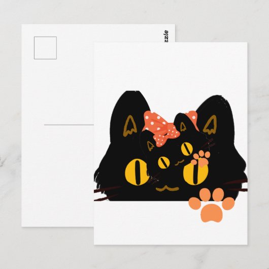 Kawaii Black Cat Peekaboo Art with Bow Briefkaart (Voorkant / Achterkant)