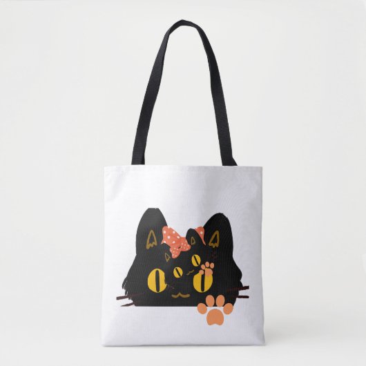 Kawaii Black Cat Peekaboo Art with Bow Tote Bag (Voorkant)