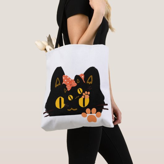 Kawaii Black Cat Peekaboo Art with Bow Tote Bag (Dichtbij)