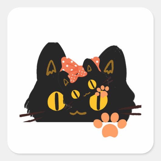 Kawaii Black Cat Peekaboo Art with Bow Vierkante Sticker (Voorkant)