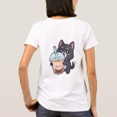 Kawaii Black Cat Sipping Boba Tea - Cute Anime Nek T-shirt (Achterkant)