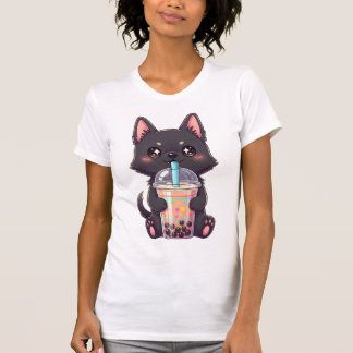 Kawaii Black Cat Sipping Boba Tea - Cute Anime T-shirt