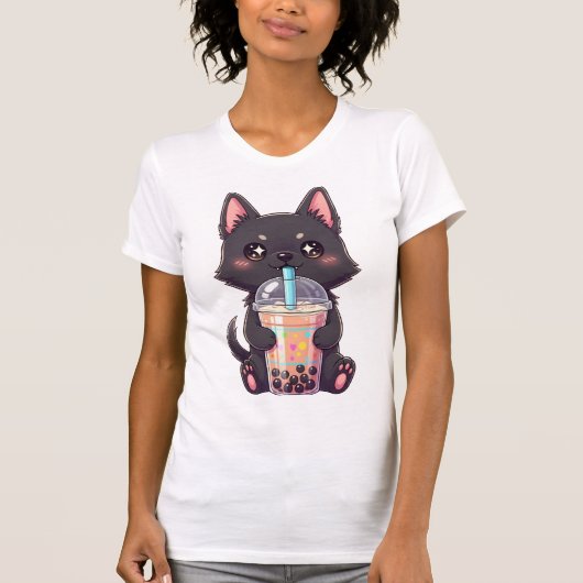 Kawaii Black Cat Sipping Boba Tea - Cute Anime T-shirt (Voorkant)