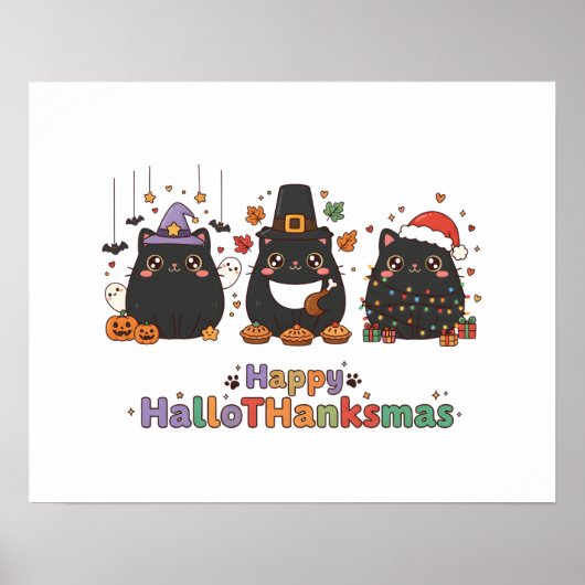 Kawaii Black Cats Happy HalloThanksmas  Poster (Voorkant)