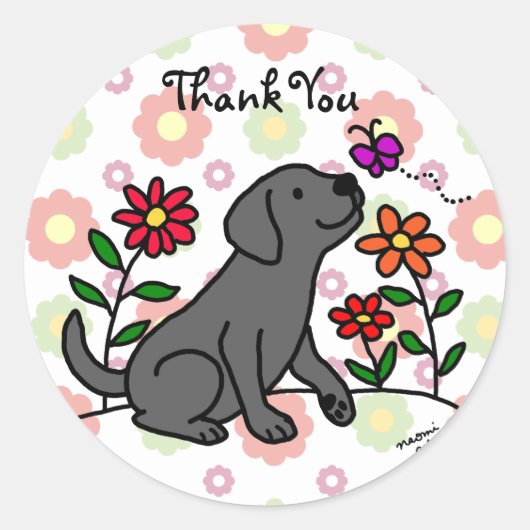 Kawaii Black Labrador Cartoon Floral Ronde Sticker (Voorkant)