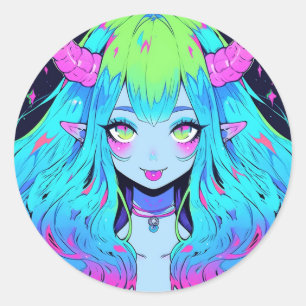 Kawaii Blauw, Roze, en Groene Anime Meisje Demon Ronde Sticker