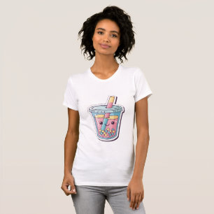 Kawaii Blauwe Boba Thee T-Shirt Schattige Glimla