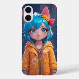 Kawaii Blauwharig kattenmeisje iPhone 16 Plus Hoesje