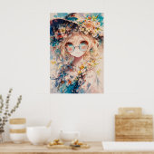 Kawaii Bloemen Meisje Poster (Keuken)