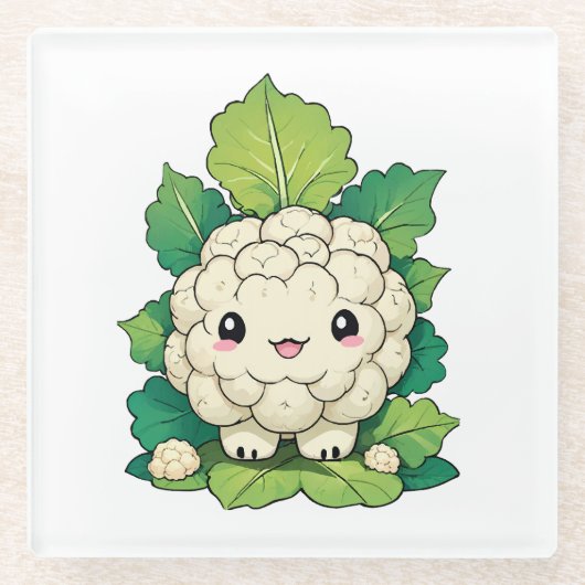 Kawaii Bloemkool Glazen Onderzetter (Voorkant)