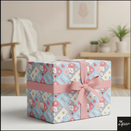 Kawaii Bloesem Konijn Raster Patroon Frame Cadeaupapier
